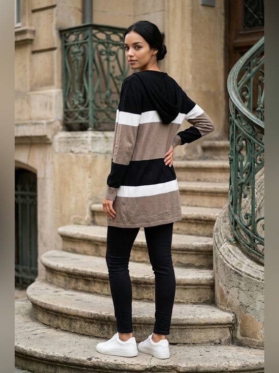 Cupio Sweaters - Black, Beige & Tan Cupio Hooded Cardigan NWTs (M) acrylic and cashmere blend.
